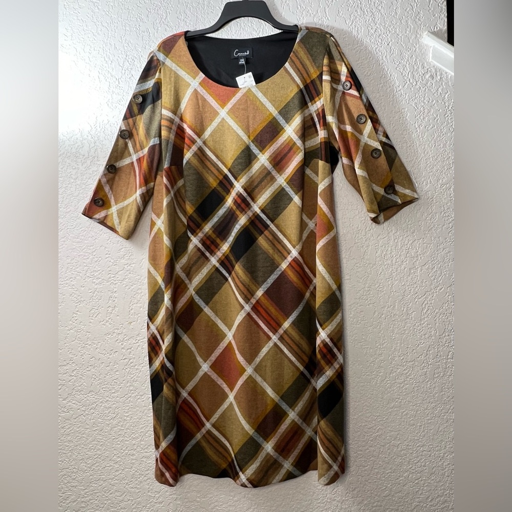 Connected Apparel Brown Burnt Orange Plaid Winter Fall Dress Casual Classic